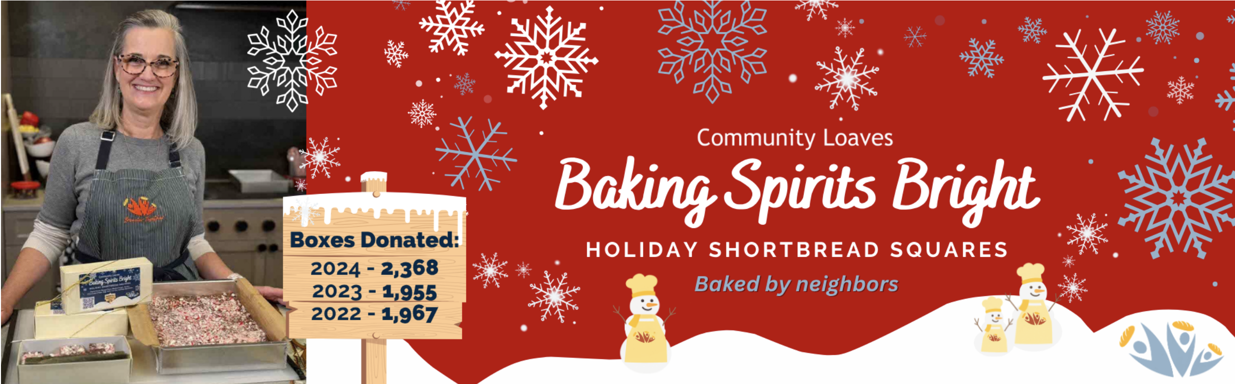 A red banner saying Baking Spirits Bright - Holiday Shortbread Squares, with the recipe designer pictured on the left